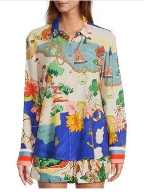 Antonio Melani Sz XS Polina Linen Blend Ocean Print Button Front Collar Blouse